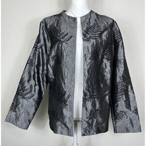 Soft by Avenue Open Front Metallic Gray Fern Embroidery Jacket Plus Size 14/16